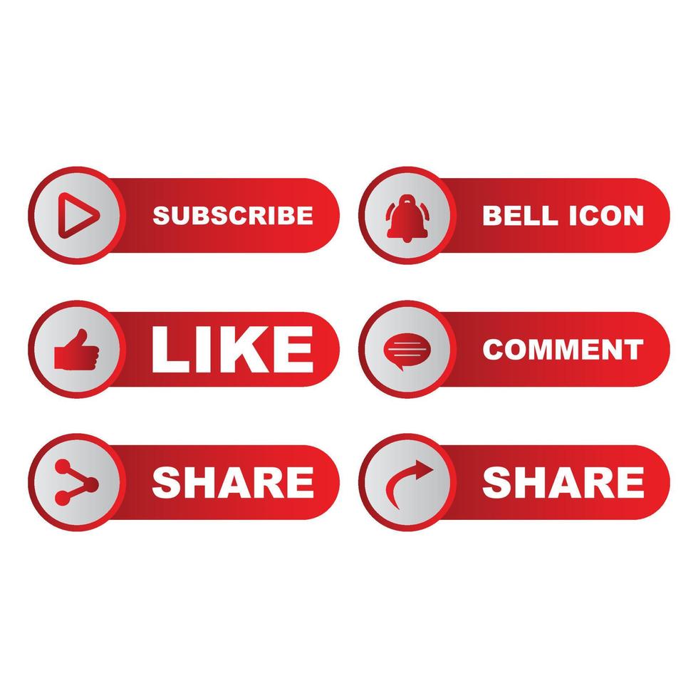Stylish button collection with multiple shapes. Metallic red and white color button collection with like, comment, and share icon. Metallic red color social media button collection. vector