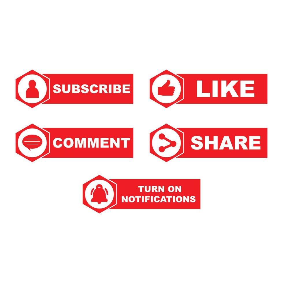 Subscribe button collection with working tool shapes. Red color button collection with like, comment and share icon. Simple red color social media button collection. vector