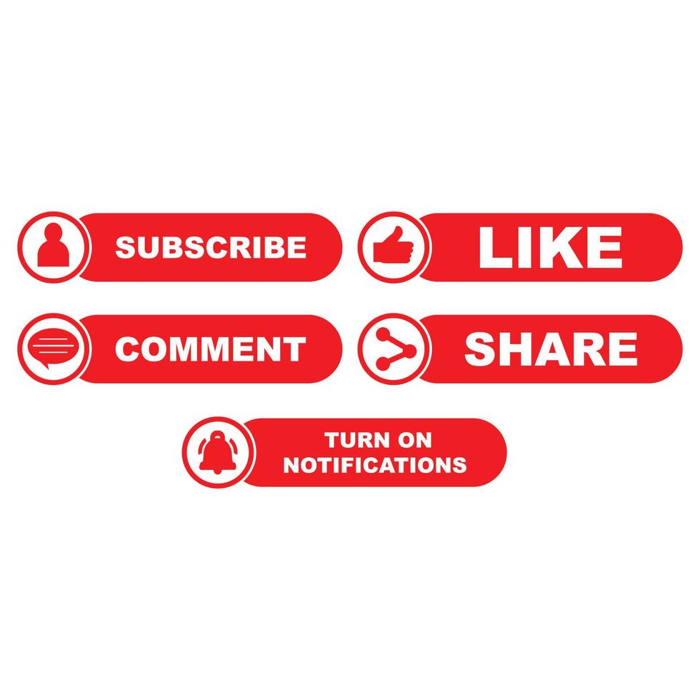 Subscriber simple button collection with round shapes. Red color button collection with like, comment, and share icon. Simple red color social media button collection. vector