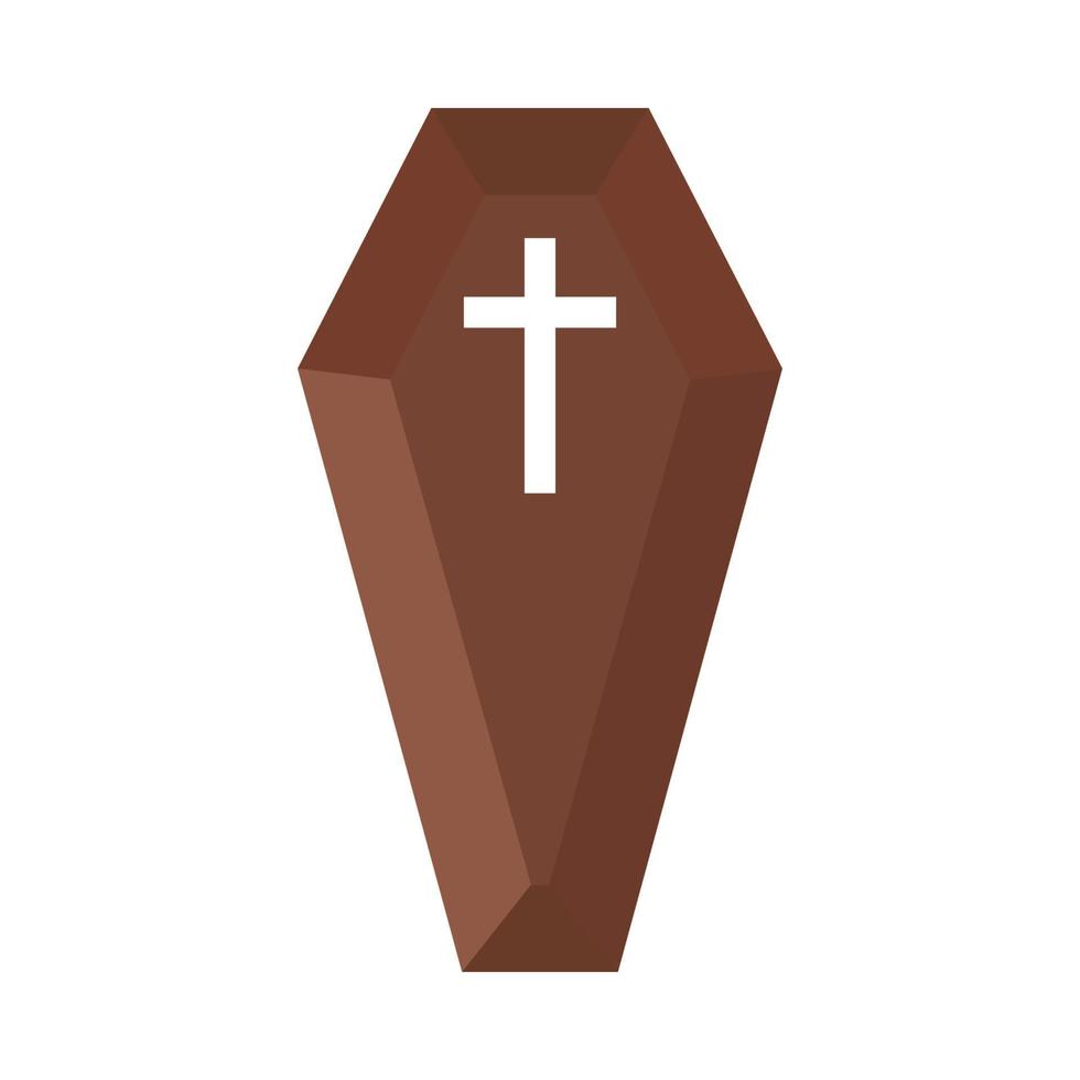 Halloween scary 3D style coffin vector design on a white background. Halloween coffin design with wood color shade and Christian cross. 3D Coffin vector illustration for upcoming Halloween event.