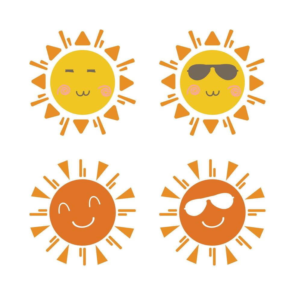 Sun cute sticker with a round shape and yellow and red color. Cute sun with smiling face and cool sunglasses. Sunray coming out from sun vector design. Sun vector social media sticker collection.