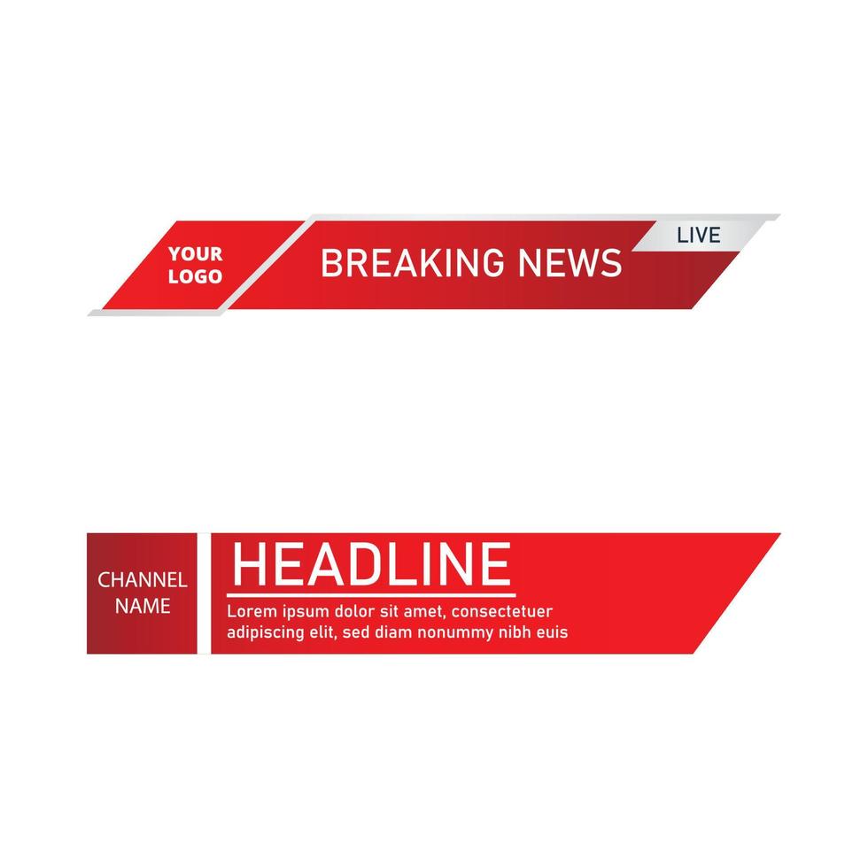Diseño del tercio inferior de noticias para canales de televisión. el tercio inferior de color rojo y blanco metalizado para un canal de noticias. el diseño vectorial del canal de noticias de forma rectangular. vector