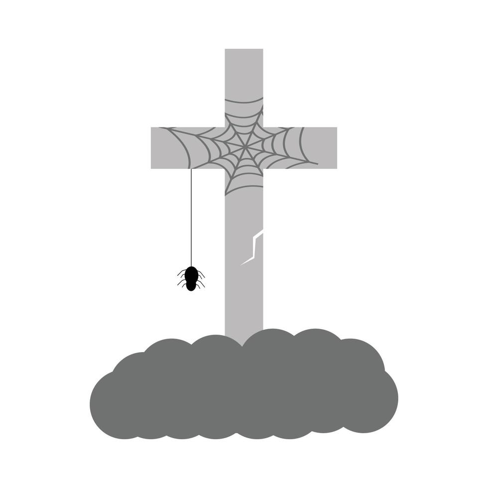 Halloween scary cracked stone tomb vector with a spider. Halloween illustration design with the stone tomb and Christian sign. Old scary tomb design with spider web.