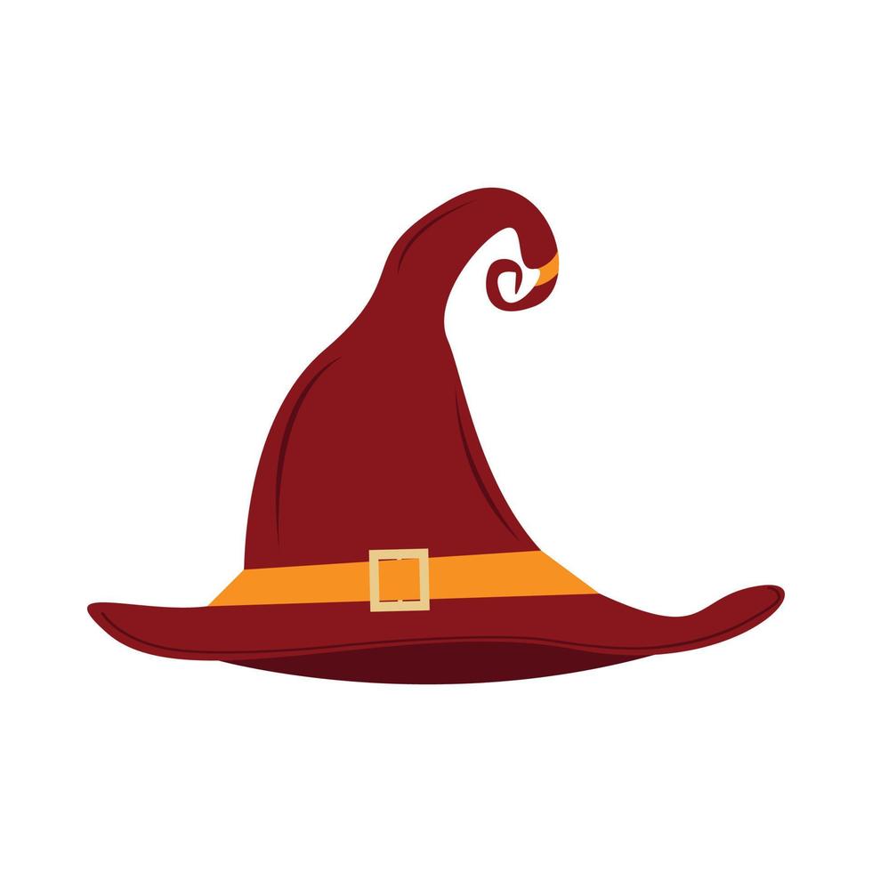 diseño de vector de dibujos animados de sombrero de bruja de halloween sobre un fondo blanco. diseño aterrador de sombrero de bruja para el evento de halloween con color granate y un cinturón dorado. elemento de disfraz de halloween de mago.