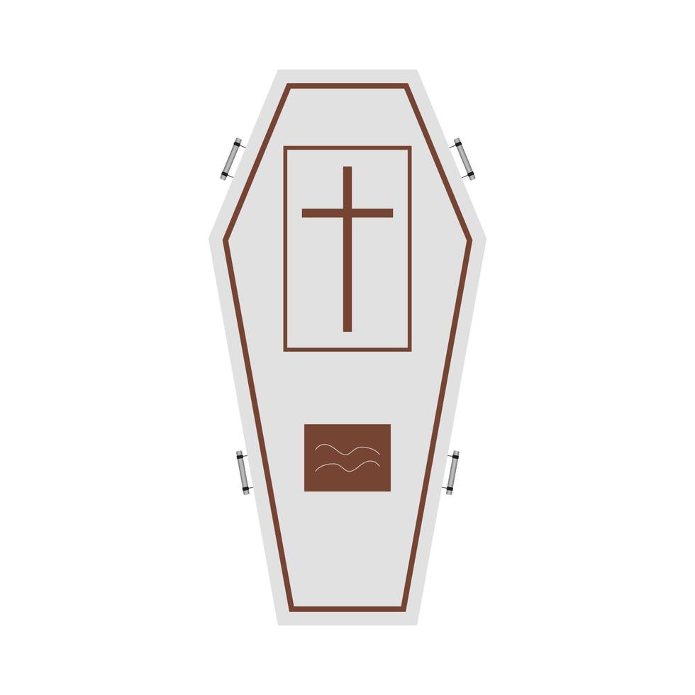 Halloween white burial coffin design on a white background. Coffin with isolated shape design. Halloween white coffin party element vector illustration. Coffin vector with a Christian cross symbol.