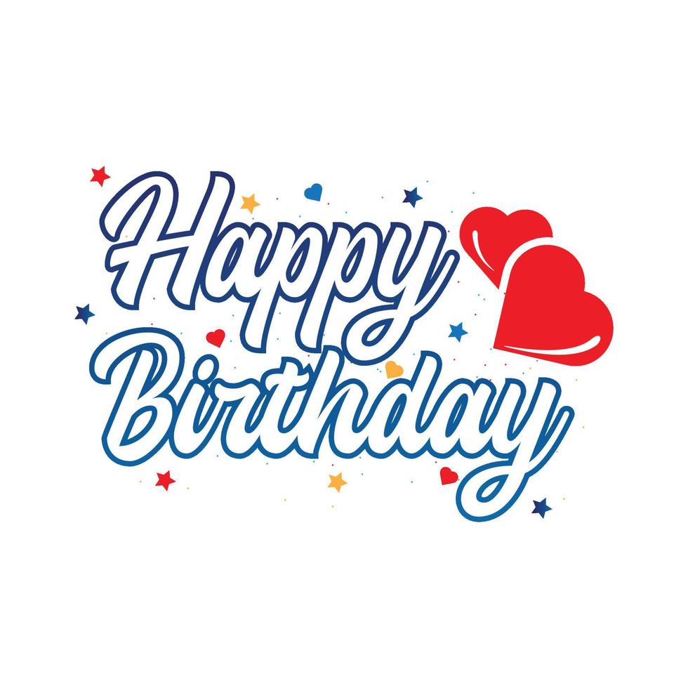 diseño de caligrafía de feliz cumpleaños. caligrafía de feliz cumpleaños con sombra de color blanco y contorno azul. Ilustración de vector de feliz cumpleaños con forma de amor rojo.
