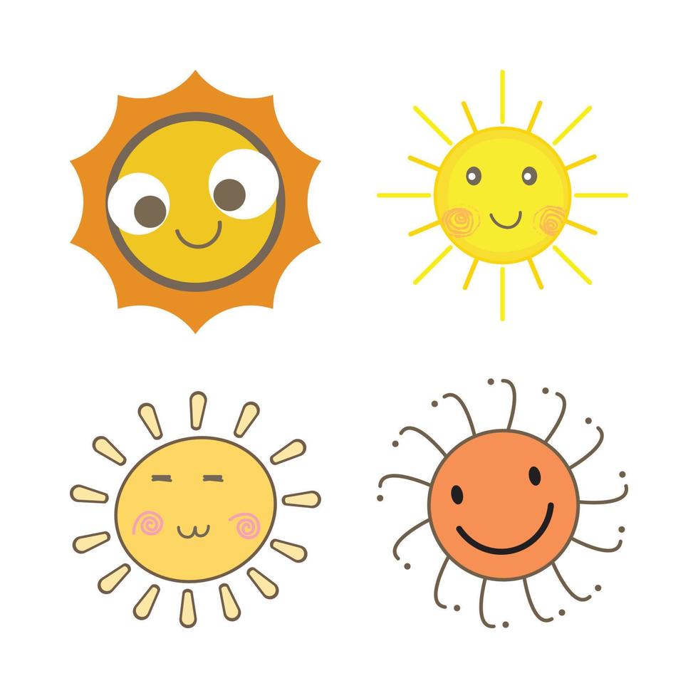 rayos solares que salen del diseño del vector solar. pegatina de sol con forma redonda y color amarillo. lindo sol con cara sonriente y gafas de sol frescas. colección de pegatinas de medios sociales de vector de sol.