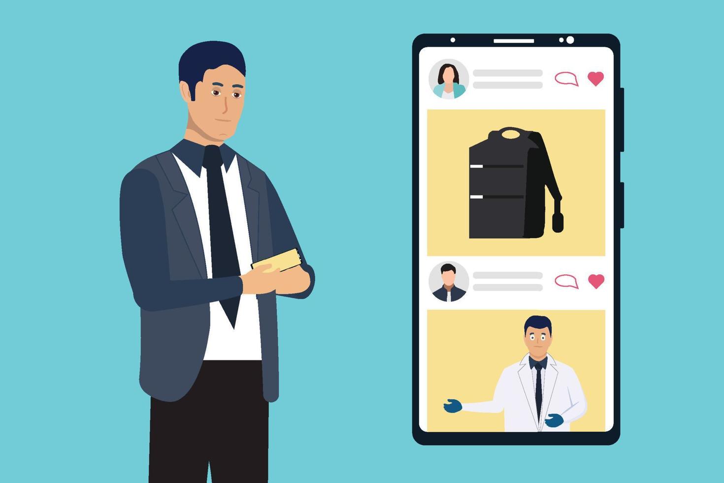 Man using a smartphone and scrolling inside social media concept vector. Man flat character design with a mobile phone and social media. Using social media with a cell phone for business communication vector