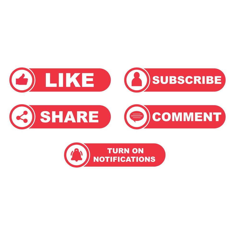 Subscribe button collection with the like, share, and comment section. Stylish metallic color button collection for social media posts. Metallic red color design for social media. vector