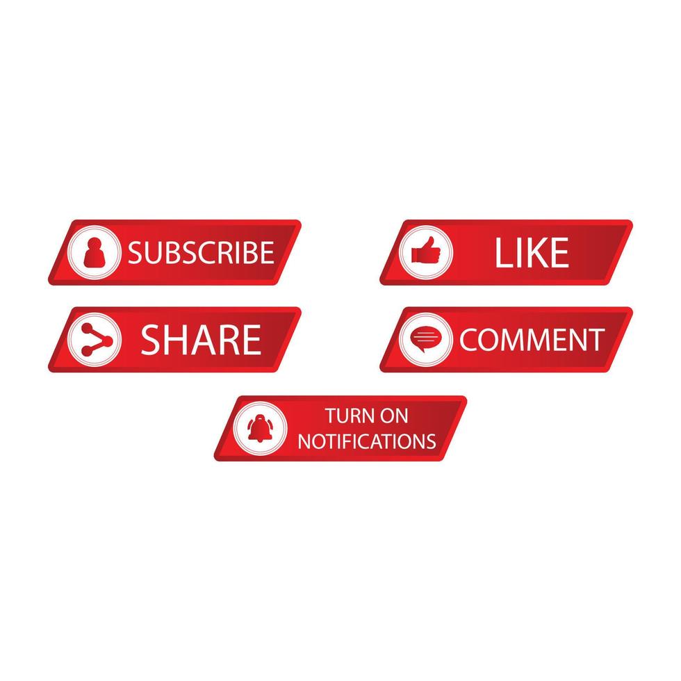 Subscribe button with metallic color design for social media. Button collection for social media with red color. Like, comment, subscribe, share and notification button vector illustration.
