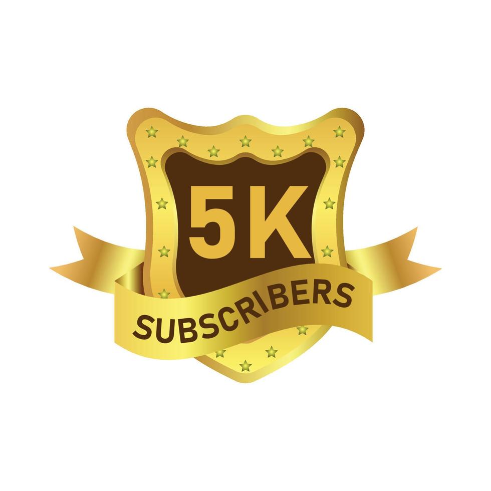 Social media subscriber badge design with golden gradient color. 5K subscriber celebration royal badge design with a shield shape. Golden and dark badge design with ribbon vector illustration.