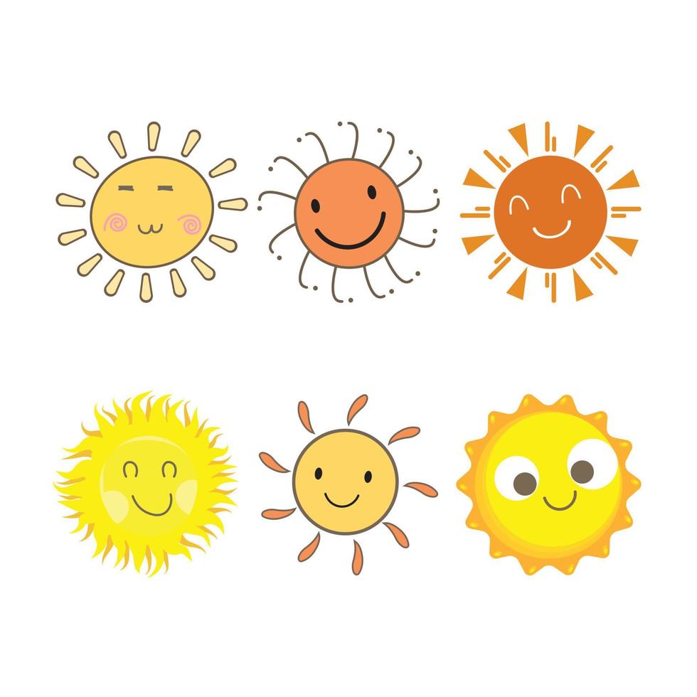 Cute sun sticker with a round shape and yellow color. Cute sun with smiling face. Sunray coming out from sun vector design. 6 Sun vector social media sticker collection.