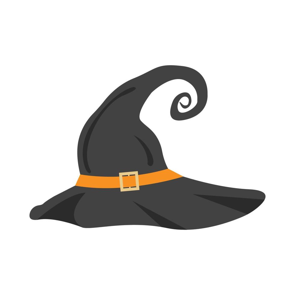 Ilustración de vector de diseño de sombrero de bruja negra de Halloween. diseño de sombrero negro con sombra de color negro y dorado. diseño de elementos de fiesta de halloween con un murciélago negro aterrador.