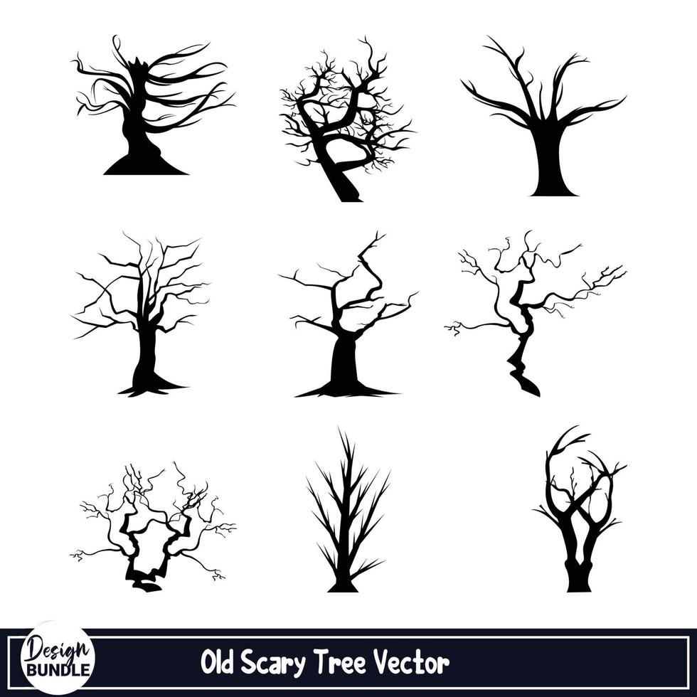 diseño de silueta de árbol muerto aterrador de halloween sobre un fondo blanco. diseño de vector de árbol muerto con color negro oscuro. colección de silueta de árbol de halloween diseño aterrador.