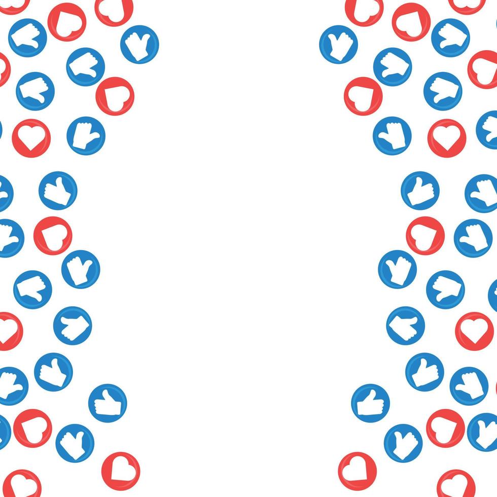 me gusta en las redes sociales y amo el diseño del marco del botón. Me gusta y marco de botón de amor con sombra de color rojo y azul. marco con redes sociales como y colección de botones de amor sobre un fondo blanco. vector