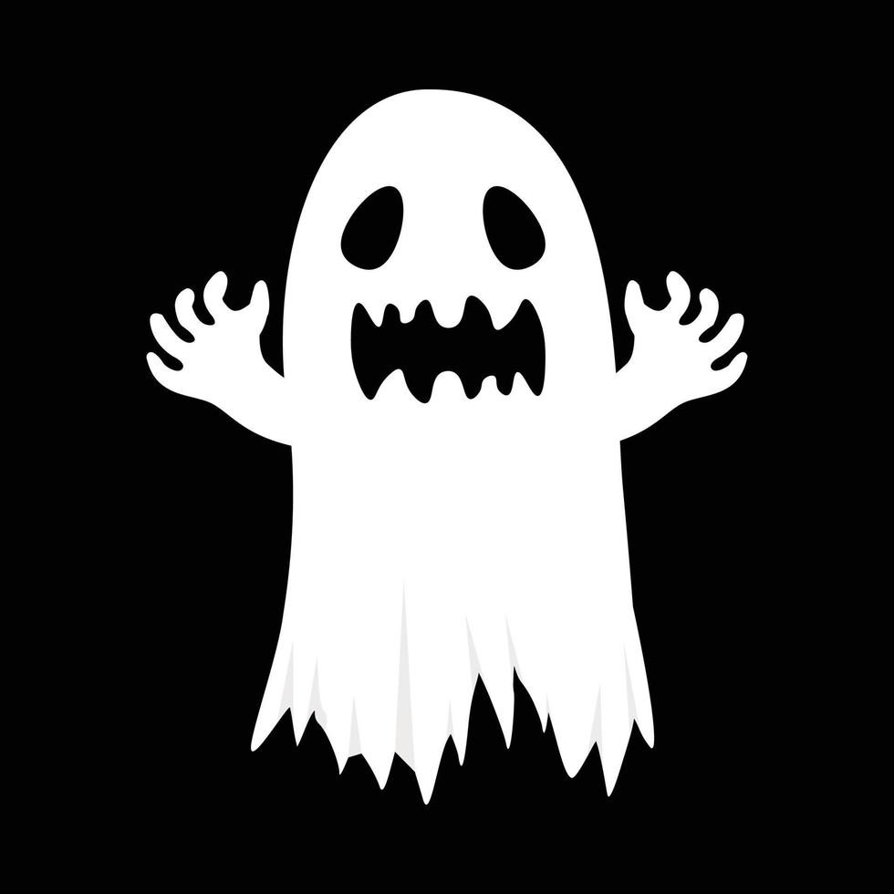 Halloween scary white ghost design on a black background. Ghost with abstract shape design. Halloween white ghost party element vector illustration. Ghost vector with a scary face.