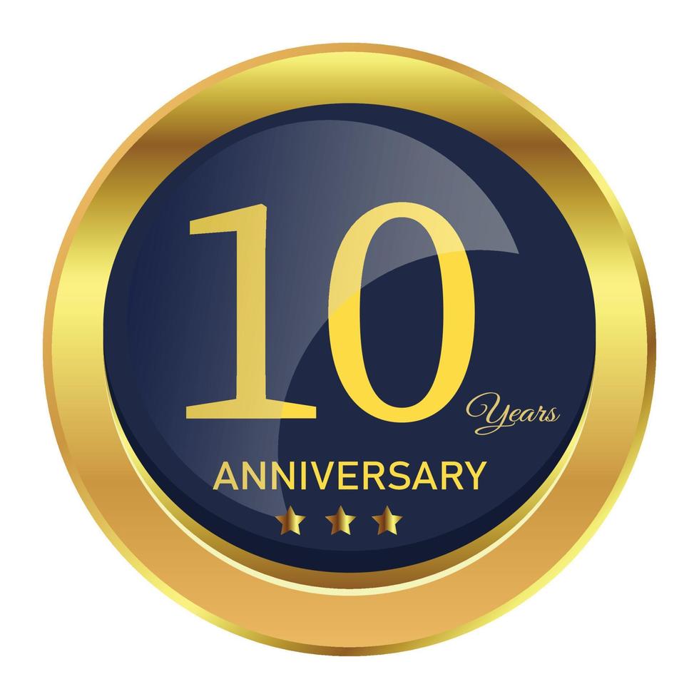 Luxurious 10-year anniversary badge design with golden gradient color. Anniversary royal badge design with a shield shape. Golden and Black badge design with ribbon vector illustration.