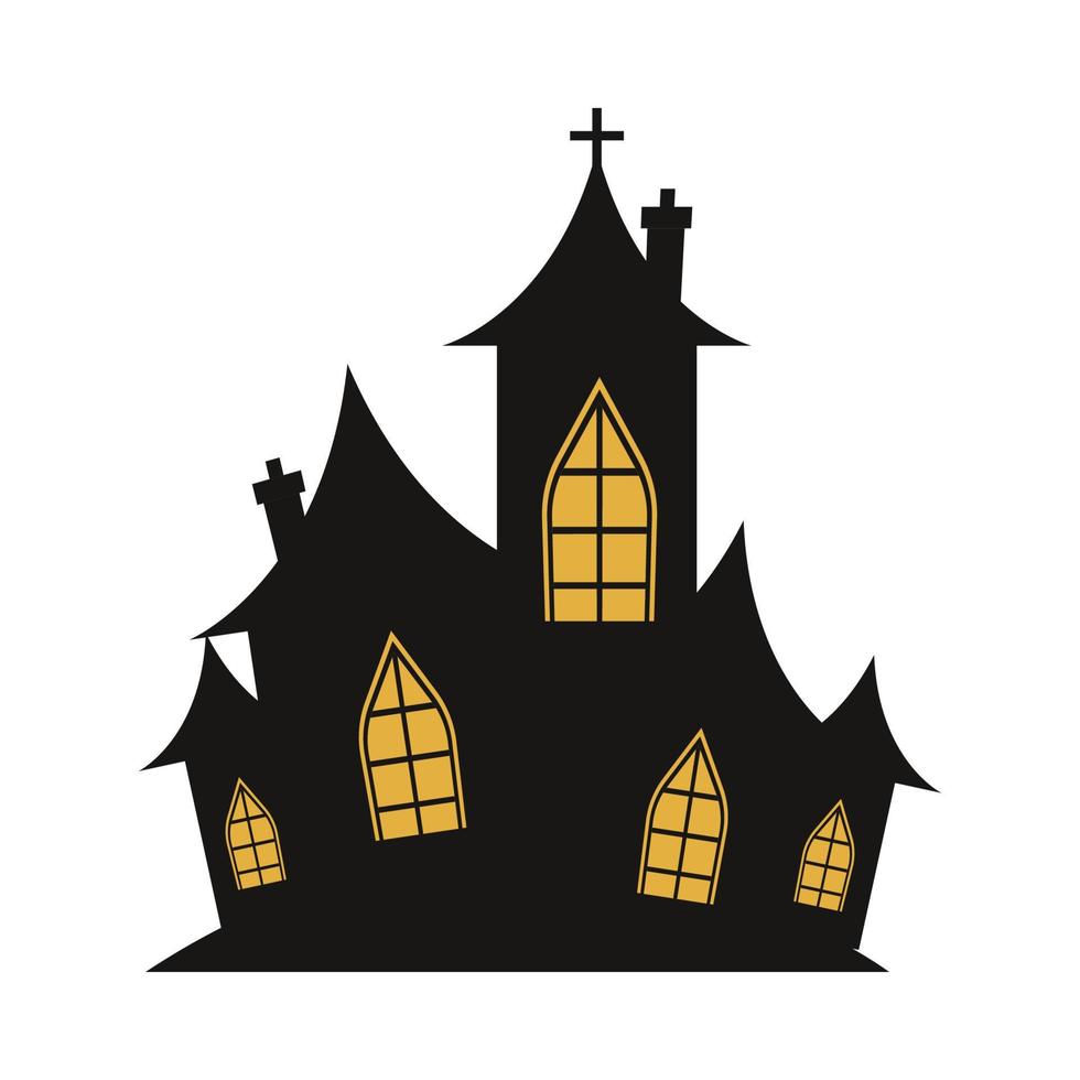 Scary haunted house vector design on a white background. Halloween haunted house silhouette design with yellow color shade. Design for Halloween event with house vector illustration.