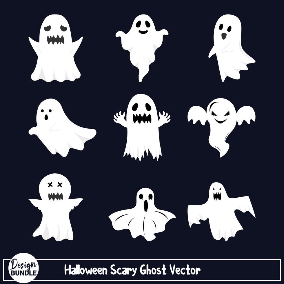 diseño de vector de fantasma de miedo de halloween sobre un fondo blanco. diseño fantasma espeluznante con color blanco y sombra negra. colección de diseño de fantasmas espeluznantes de Halloween.