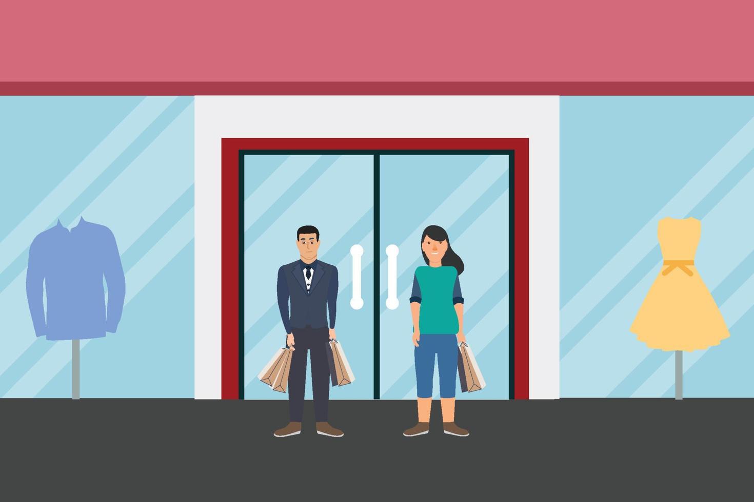 Man and woman doing shopping, flat character vector design. Couple with shopping bags in their hand in front of a store vector. Shopping and retail customer concept with a cloth store vector.
