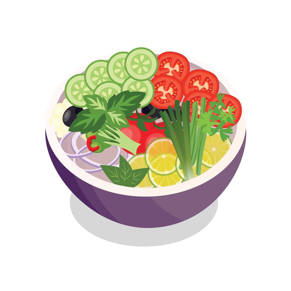 Vegetable vector design with basil leaf, vegetable salad with olive and tomato, vegetable salad vector with lemon and cucumber.