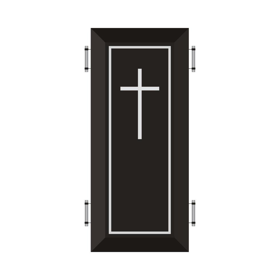 Halloween coffin design on a white background. Coffin with isolated shape design. Halloween black burial coffin party element vector illustration. Coffin vector with a Christian cross symbol.