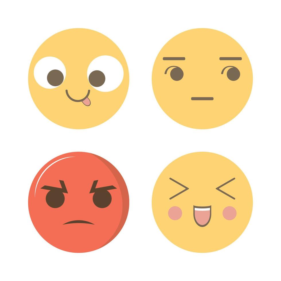 Social media emoji design with angry, smile, silly and annoyed face. Round social media emoji design with different moods. Yellow and red color-faced emoji collection. vector