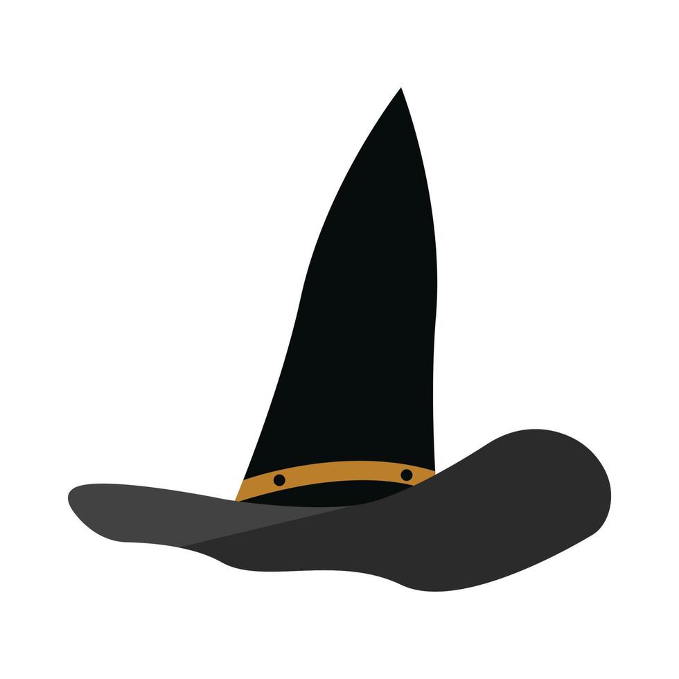 Ilustración de vector de diseño de sombrero negro de bruja. diseño de sombrero negro con sombra de color negro y dorado. diseño de elementos de fiesta de halloween con un murciélago negro aterrador.