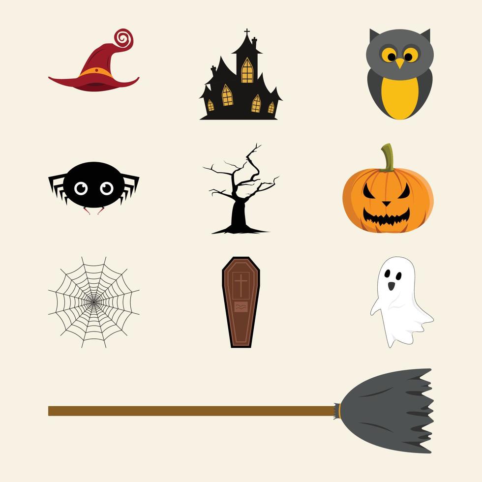 colección de diseño de vectores de elementos de Halloween. colección de diseño de vector de elementos de fiesta de miedo de halloween sobre un fondo blanquecino. elemento de halloween con múltiples colores y diseño en forma de mal.