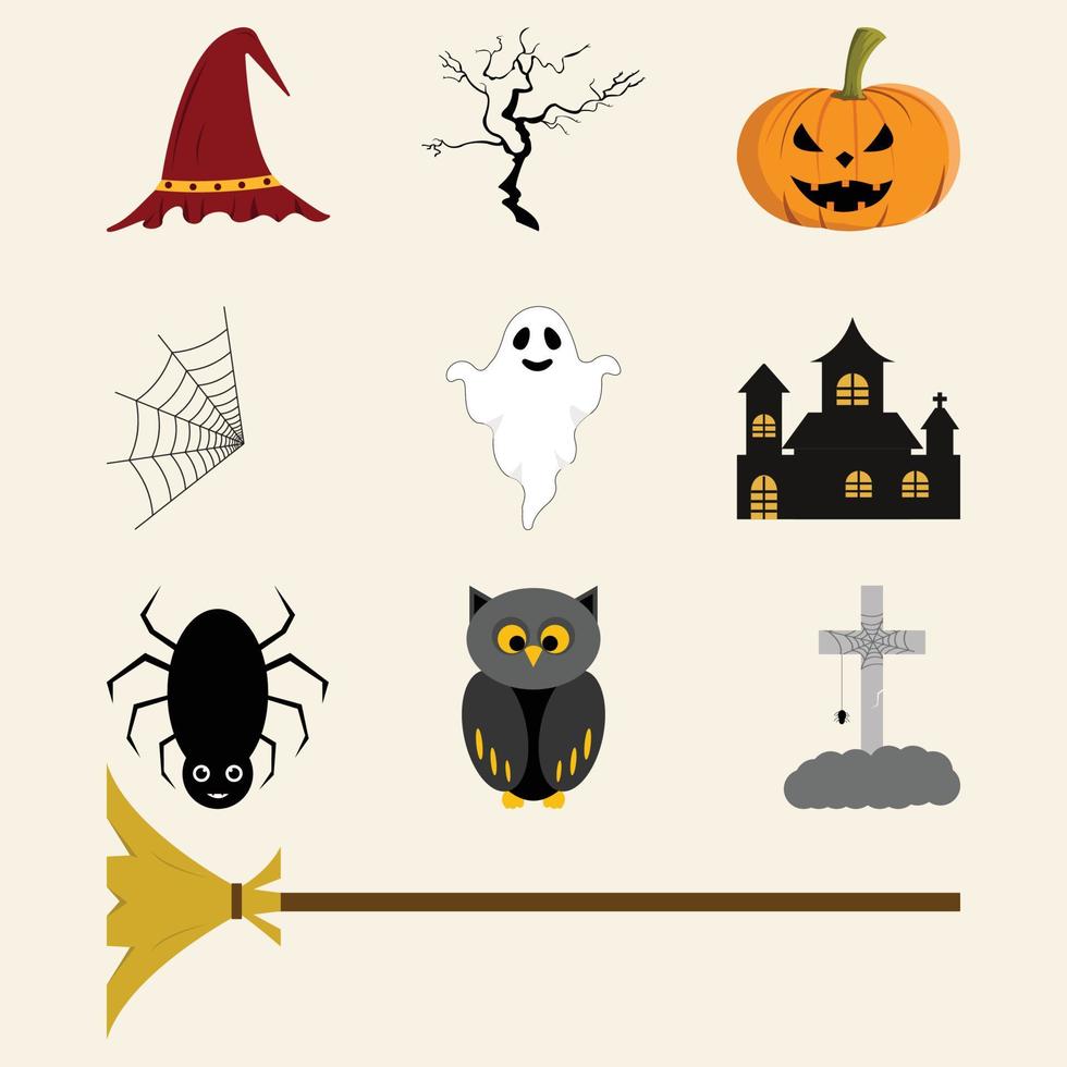 elemento de halloween con múltiples colores y diseño en forma de mal. colección de diseño de vectores de elementos de Halloween. colección de diseño de vector de elementos de fiesta de miedo de halloween sobre un fondo blanquecino.