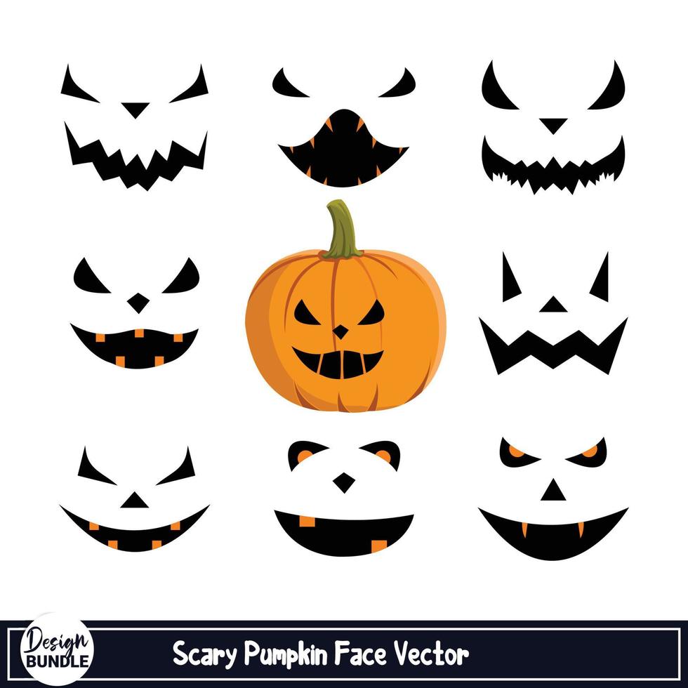 Halloween pumpkin face vector design collection on a white background. Pumpkin face design with evil smile collection with a yellow pumpkin. Scary face design for Halloween event.