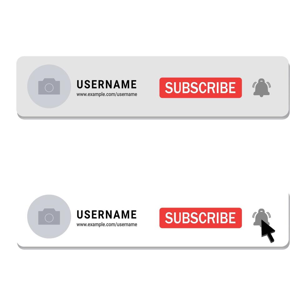 Channel logo info with red subscribe button, cursor arrow, bell icon, and text effect on a white background. Subscribes pictogram vector illustration for a business concept.