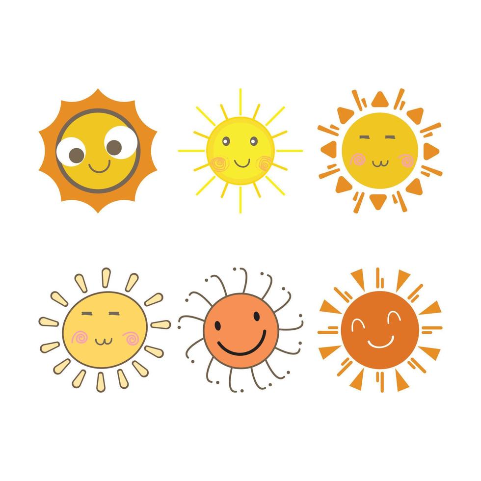 Sun sticker with a round shape and yellow and red color. Cute sun with smiling face and cool eyes. Sunray coming out from sun vector design. 6 Sun vector social media sticker collection.