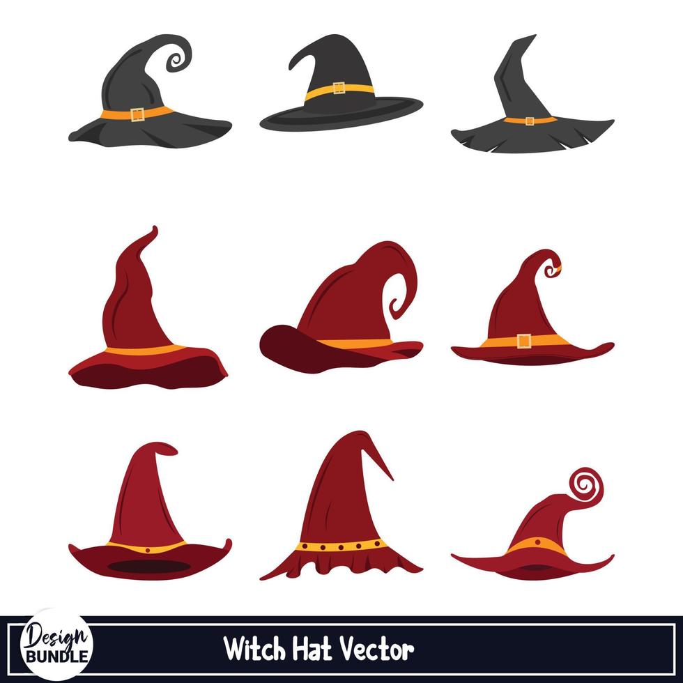 Halloween scary witch hat vector design on a white background. Wizard hat vector with black and maroon color. Halloween witch hat collection with scary magical design.