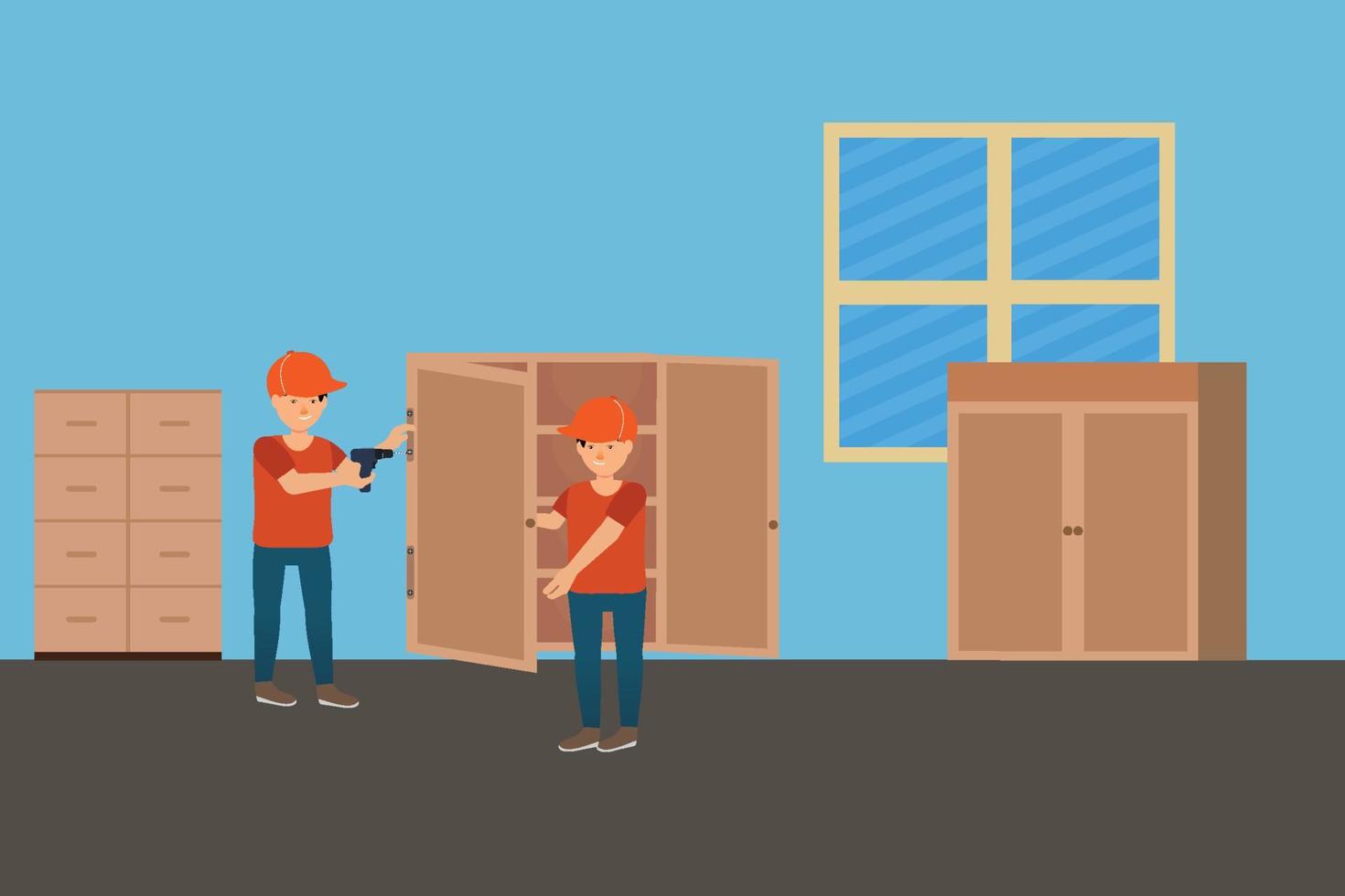 Furniture makers are making a cupboard inside a house vector. Flat characters making furniture for a house concept. Mechanic using his tool to repair a cupboard or furniture vector. vector