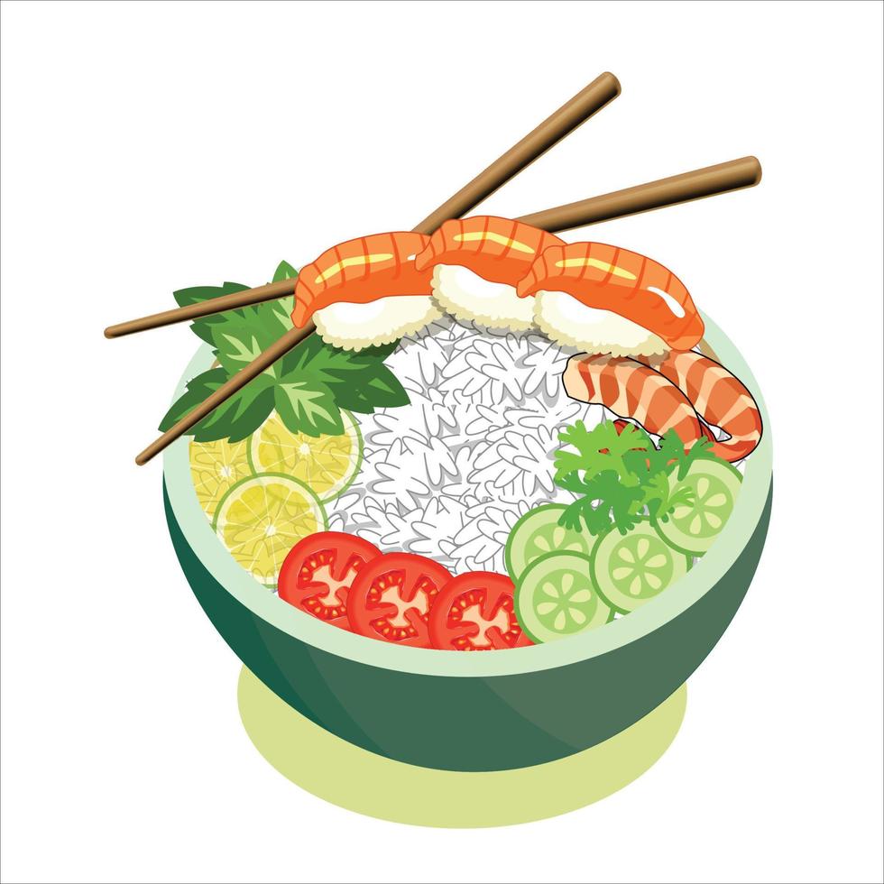 Stir fry salad with sushi and shrimps in a black bowl with the slate background. Top view copy space. Shrimp and vegetables served with salad. vector