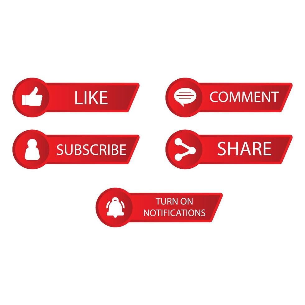 Social media red gradient button collection vector design. Red color subscriber button collection. Social media button elements with like, share, and comment sections.