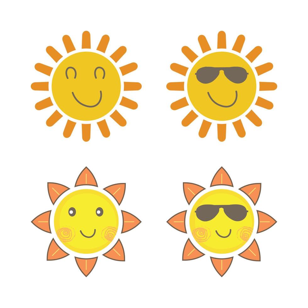 Sun sticker with a round shape and yellow color. Cute sun with smiling face and cool sunglasses. Orange color sunray coming out from sun vector design. Sun vector social media sticker collection.