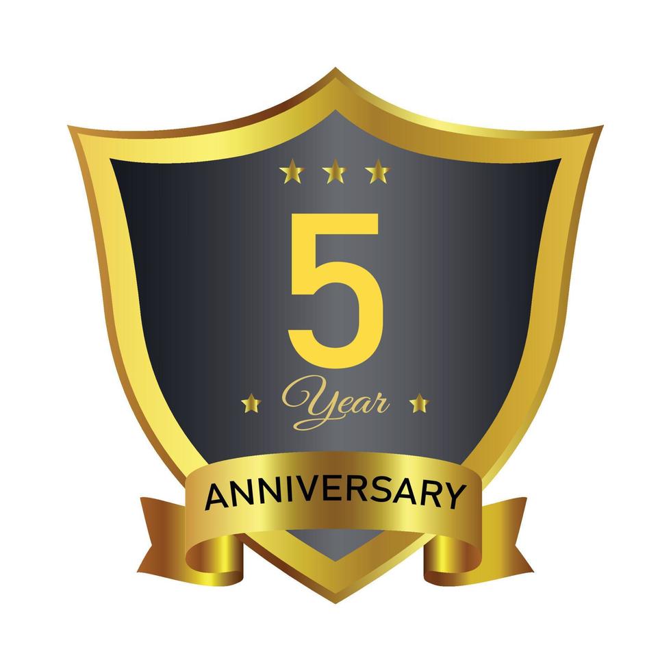 Anniversary badge design with golden gradient color. Anniversary royal badge design with a shield shape. Golden and Black badge design with ribbon vector illustration.