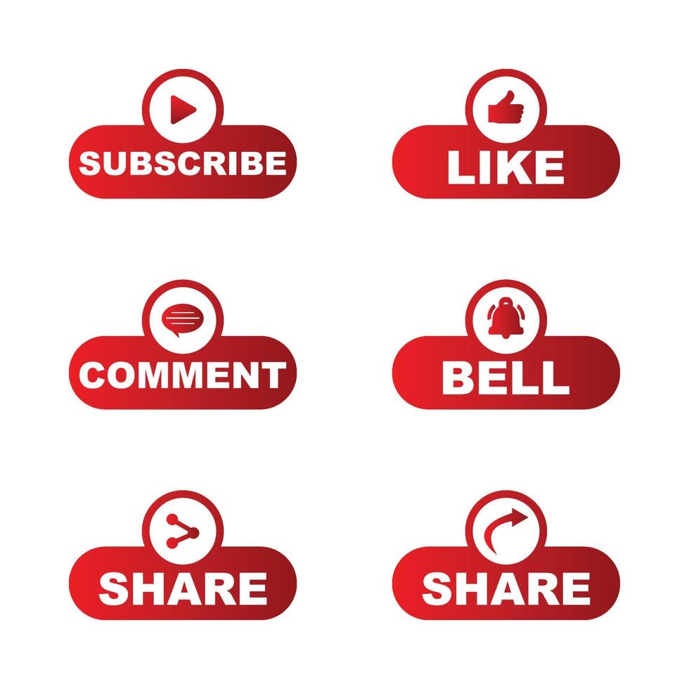 Subscribe button collection with multiple shapes. Stylish red color button collection with like, comment, and share icon. Metallic red color social media vector button collection.