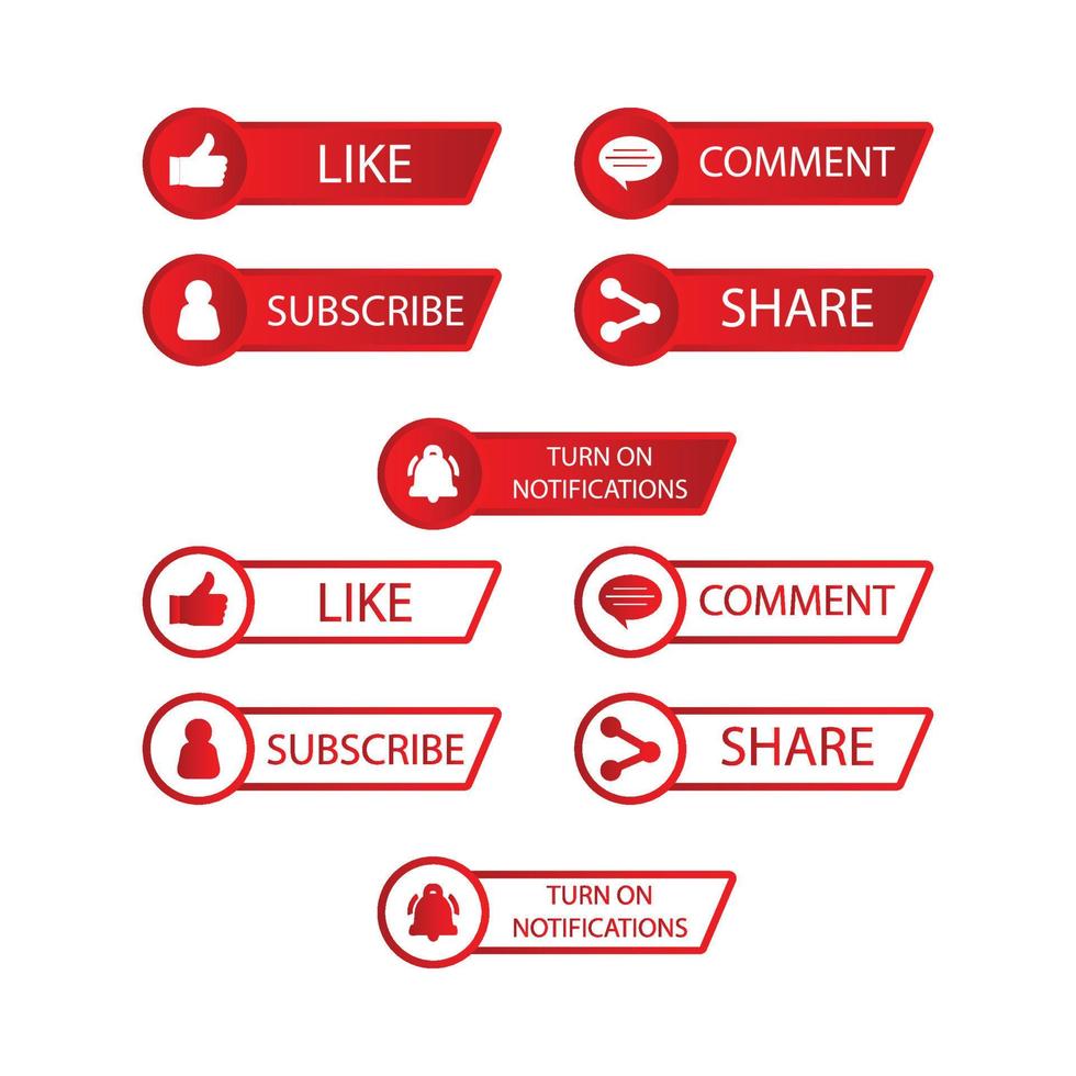 Subscribe button collection vector design. Red and white color subscribe button collection. Social media button elements with like, share, bell icon and comment sections.