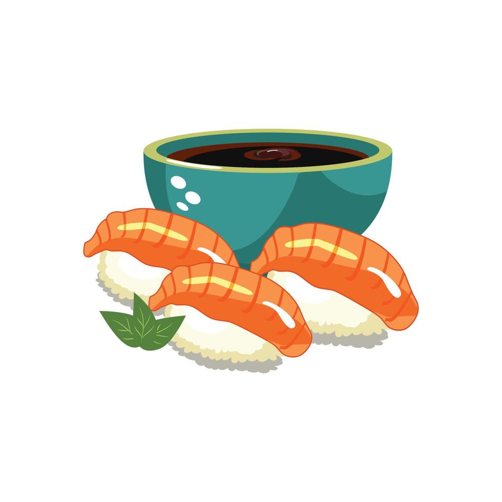 Salmon sushi with soy sauce and shrimps in a bowl on a white background. Top view copy space. Shrimp and sushi served with soy sauce. Chopsticks with Asian food vector. vector