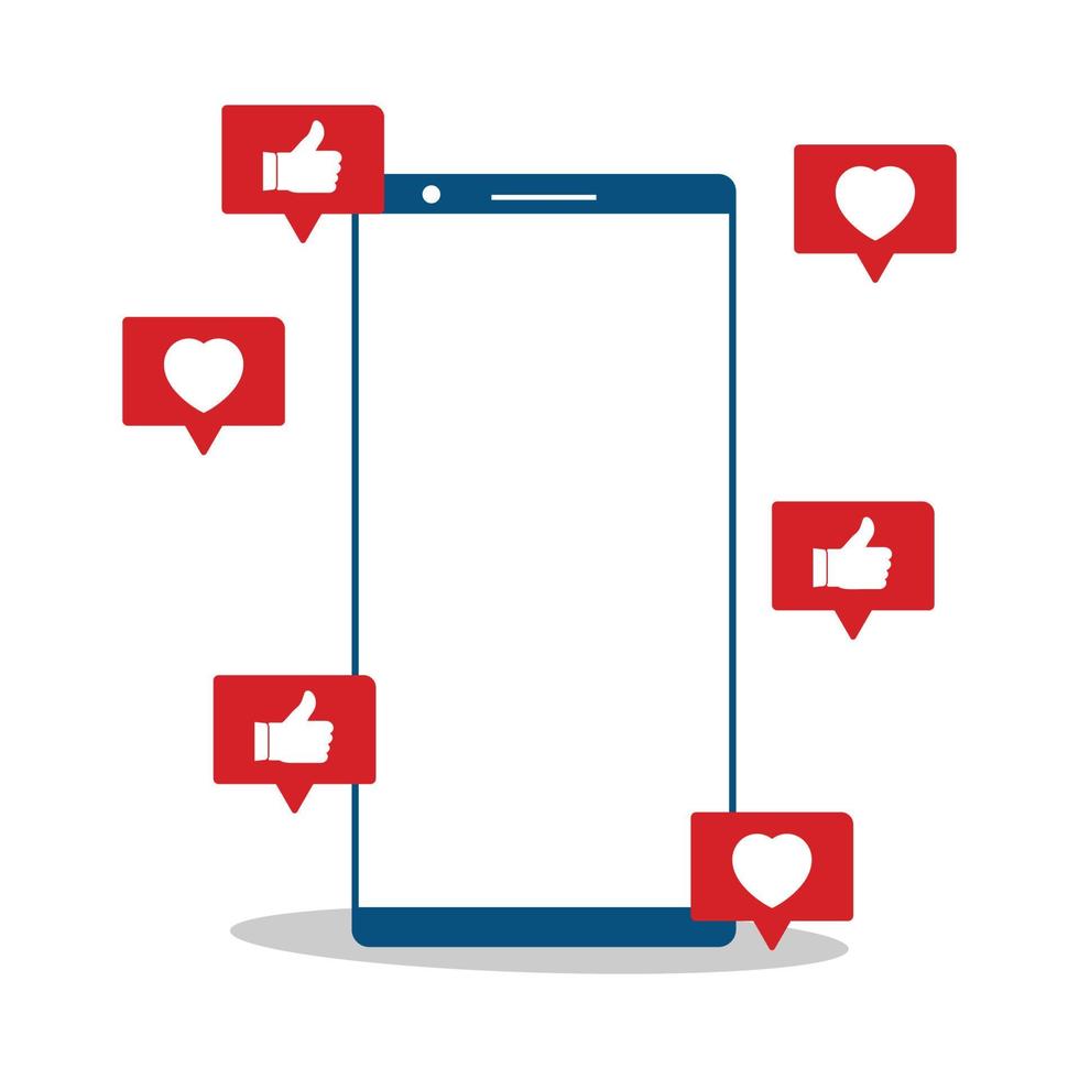 elementos de diseño de botones de redes sociales. me encanta y me gusta el botón de las redes sociales con un elegante diseño vectorial con un teléfono móvil. Ilustración de vector de sombra de color rojo del botón de redes sociales.