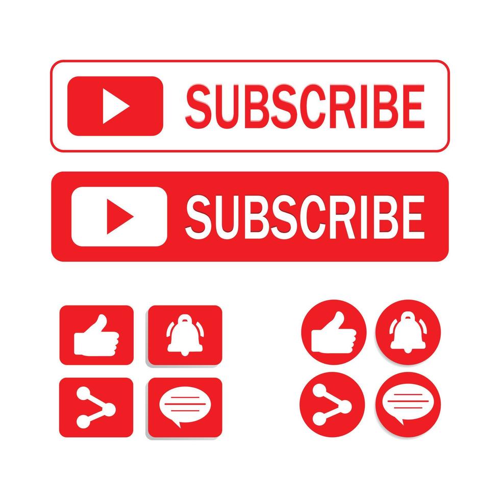 Subscriber all button collection vector design. Red and white color subscriber button collection. Social media subscribe button elements with like, share, and comment sections.