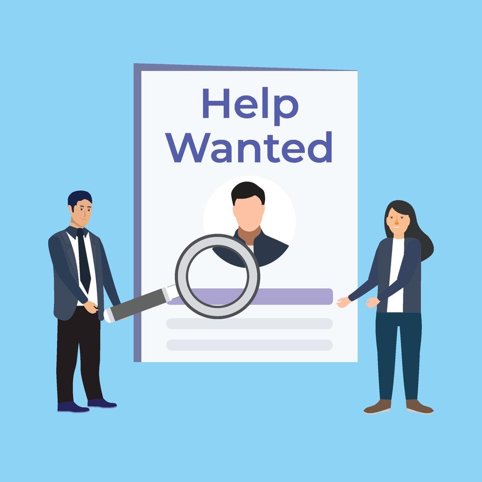 Searching for some wanted person concept with flat character design. Help wanted for business or personal works. Businessman with a big magnifying glass, searching for workers vector concept.