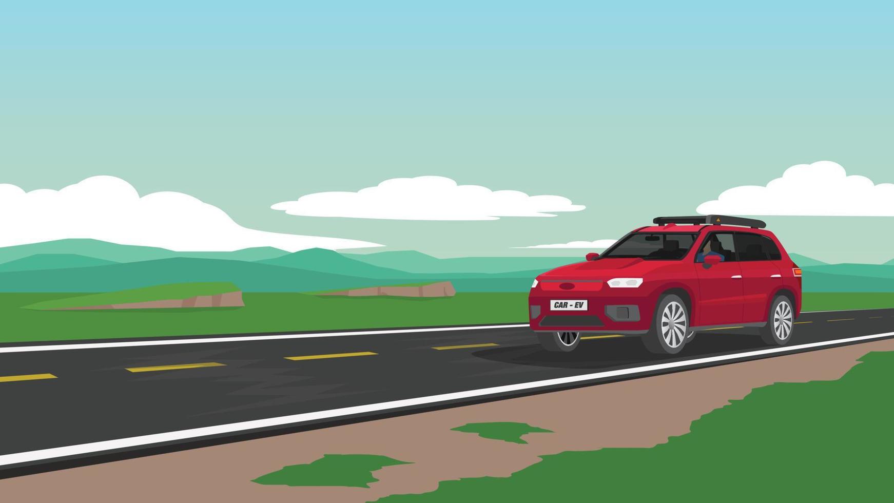 coche eléctrico rojo para el viaje familiar a la naturaleza. conductor vino solo en la carretera asfaltada. la carretera atraviesa vastas llanuras con un complejo fondo montañoso. bajo el cielo azul y las nubes blancas. vector