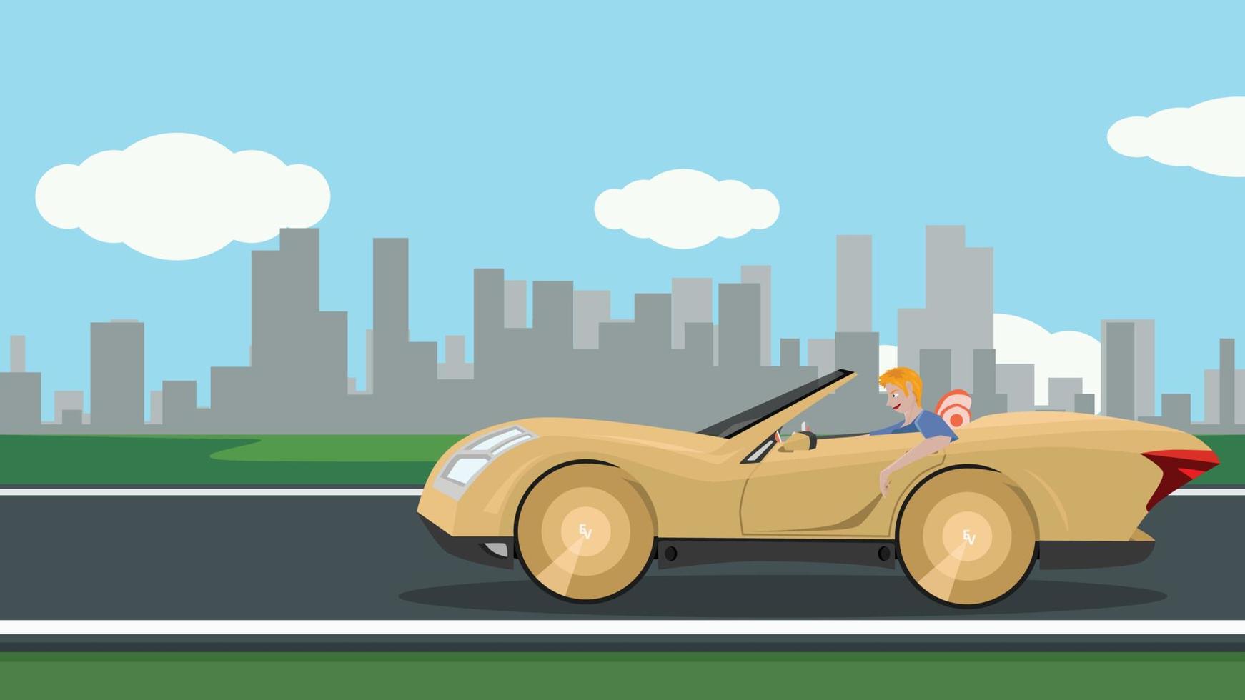 Sport future car gold color use electricity and environmentally friendly technology. Open-top car with men having fun driving. Big city background under blue sky with white clouds. On asphalt road. vector