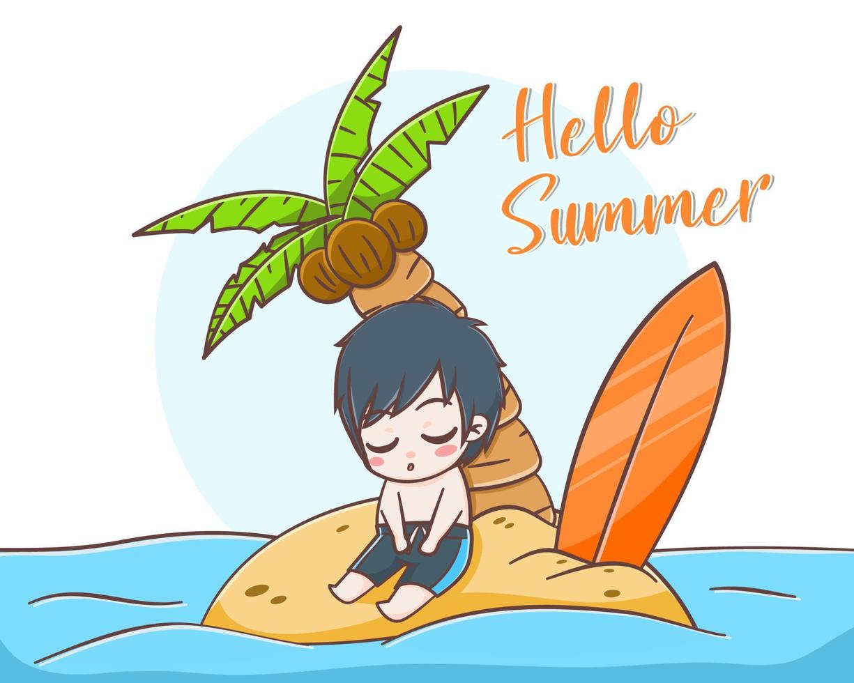 Hello summer with a boy sleeping in an island cartoon illustration vector