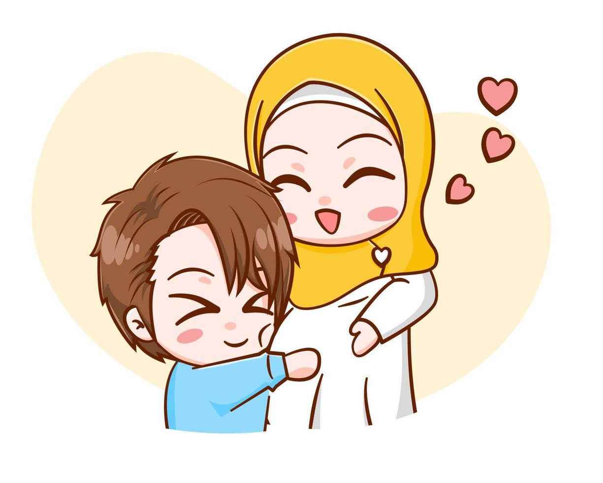 Cute Muslim couple during pregnancy cartoon illustration vector