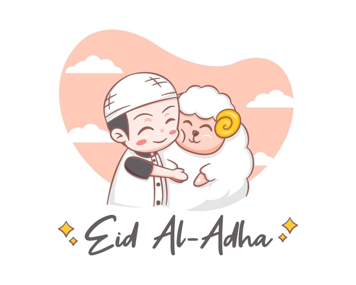 A cute boy hugging a sheep in eid al adha cartoon illustration vector